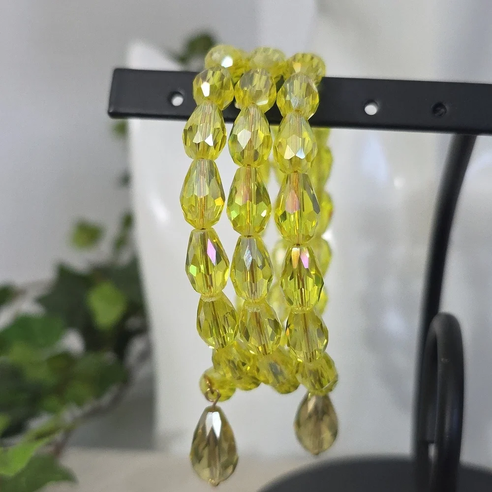 Yellow AB Crystal Coil Spiral Wrap Bracelet with Teardrop Charms